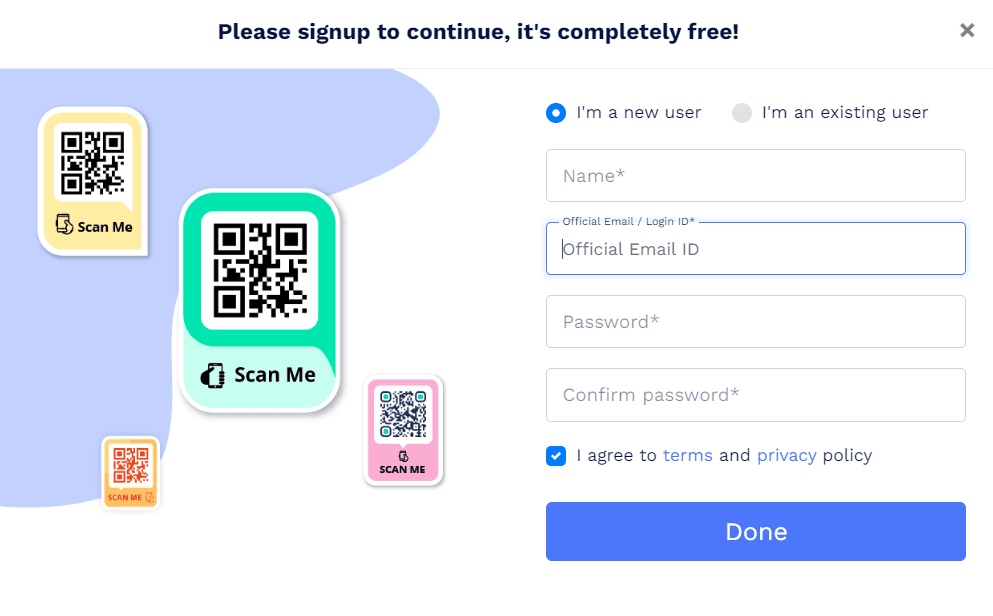 Como criar cartão de visitas digital com qr code Tela de cadastro no site qr code chimp