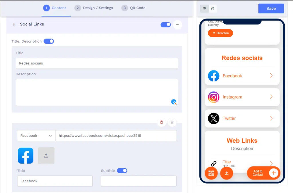 Como criar cartão de visitas digital com qr code Inserção de link nas redes sociais do cartão de visitas virtual