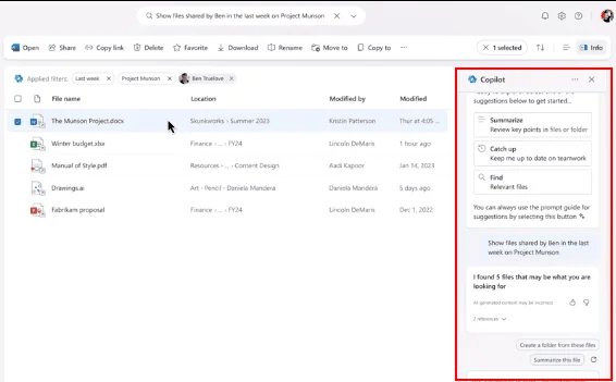 Atualização do onedrive vai integrar o assistente ai copilot Copilot no onedrive ajuda a ver melhor o conteúdo de arquivos; na imagem, o usuário pergunta pelos "arquivos compartilhados por ben no projeto manson" (imagem: microsoft/divulgação///).