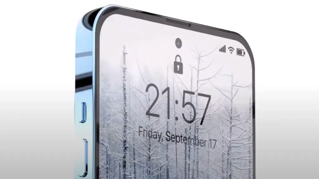 Smartphone screen with a cracked screen and a background of winter trees.