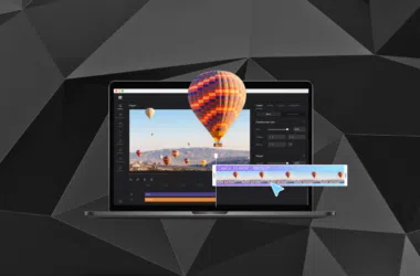 Een heteluchtballon vliegt over het videobewerkingsscherm, als symbool voor technologie en creativiteit.