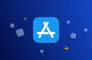 Ícone da app store em fundo azul com elementos gráficos coloridos.