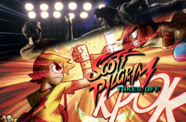 Luta de personagens do jogo scott pilgrim takes off com elementos de animação e ação.