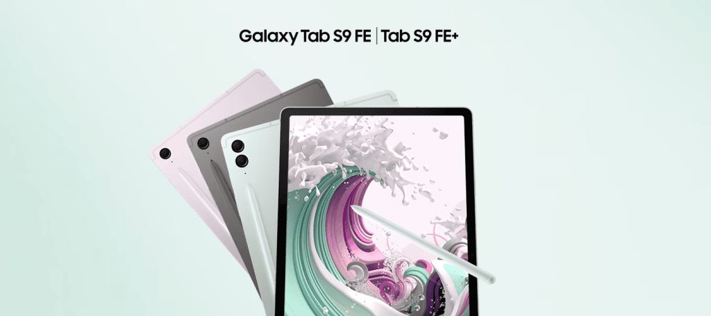 Celular samsung galaxy tab s9 fe com caneta stylus, cores disponíveis, tecnologia avançada.