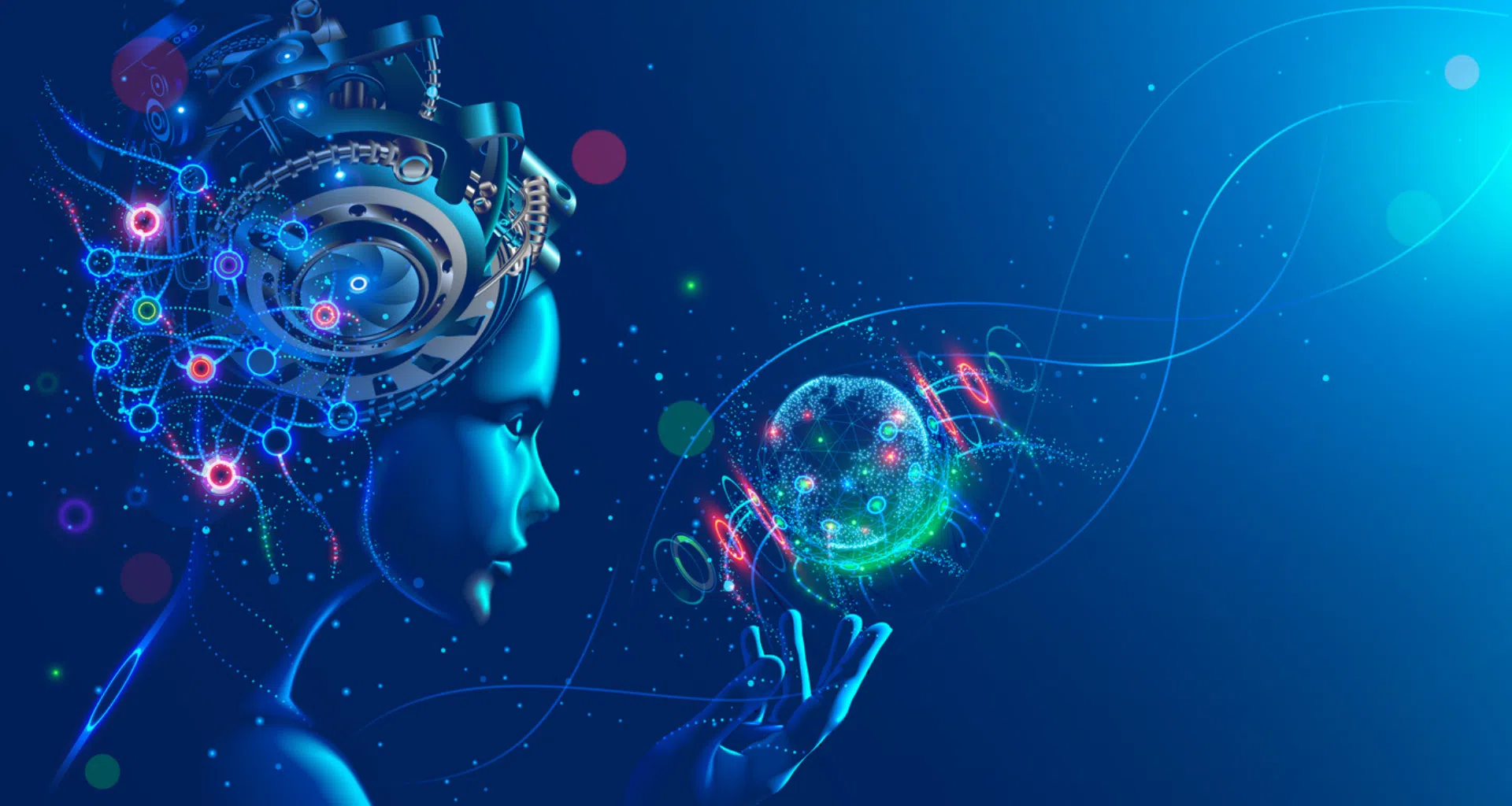 Inteligência artificial e tecnologia futurista ilustradas com cérebro humano digitalizado e elementos tecnológicos overlaps.