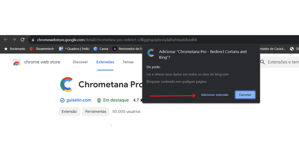 Página de instalação da extensão chrometana pro para troca bing pela busca do google