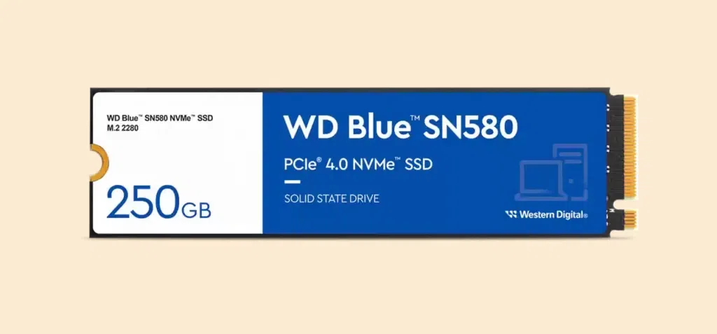 Krachtige WD Blue 250GB SN580 NVMe SSD voor snelle en betrouwbare opslag.