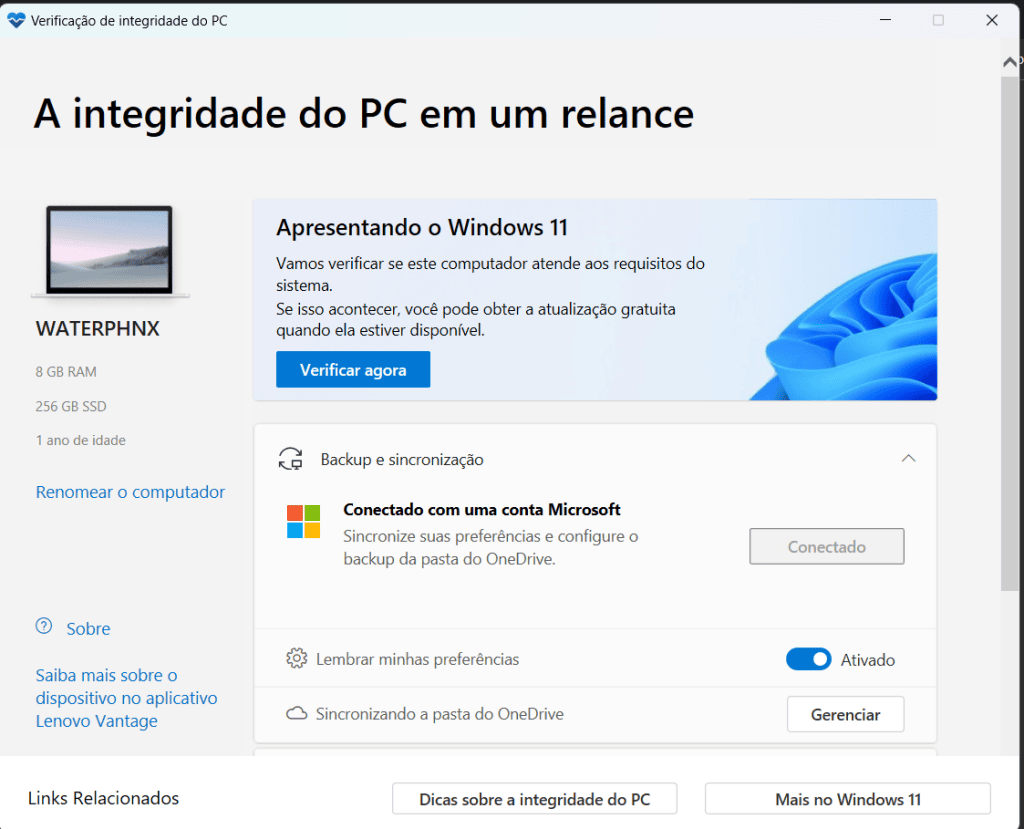 Tela inicial do pc health check para saber se um pc pode baixar o windows 11