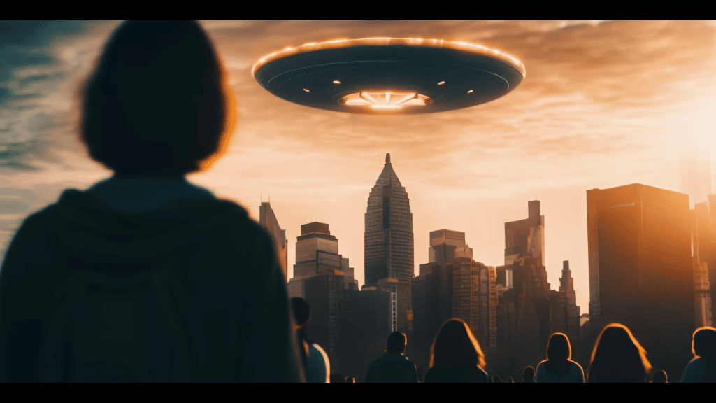 Ovni sobre a cidade ao pôr do sol, cenário de ficção científica, ufo em destaque, extraterrestres, tecnologia alienígena.