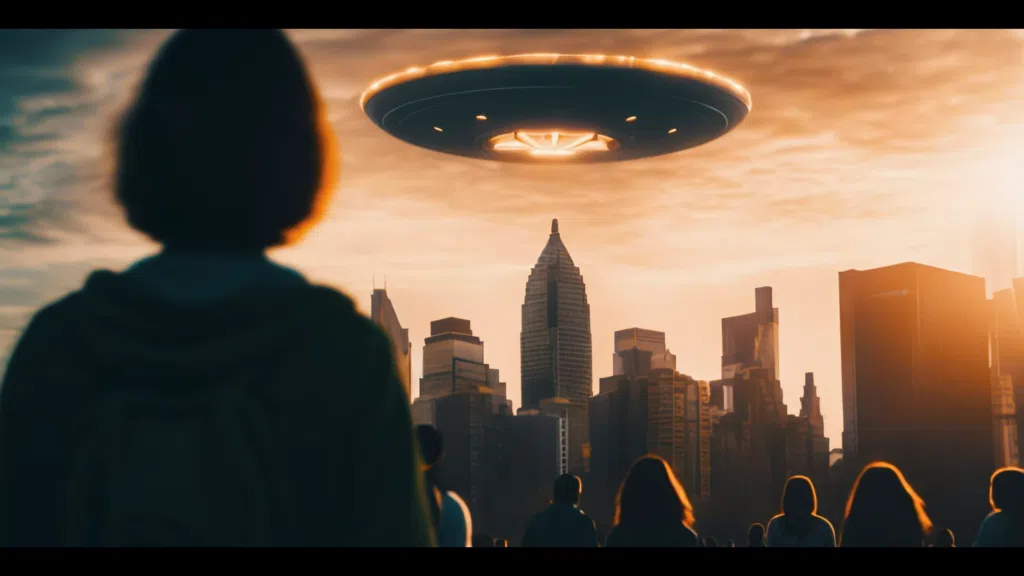 UFO über der Stadt bei Sonnenuntergang, Science-Fiction-Szenario, UFO im Fokus, Außerirdische, außerirdische Technologie.