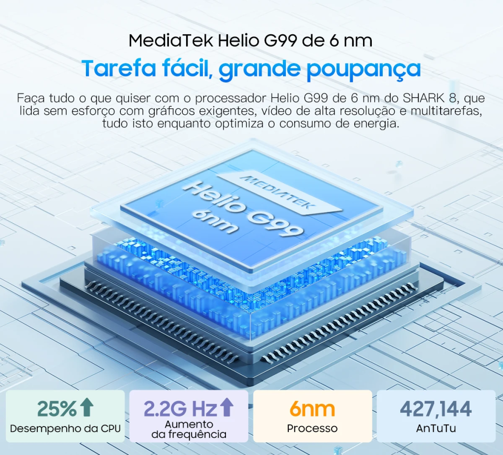 O processador helio g99 da mediatek também promete maior desempenho. Imagem: blackview