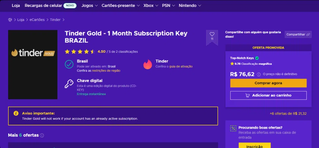 Compre vale-presentes barato no google play e tinder gold com o eneba! Compre vale-presentes barato no google play e tinder gold com o eneba!. Quer alugar filmes no celular ou aumentar as chances de match? Eneba pode ajudar você a economizar em ambos! Veja como