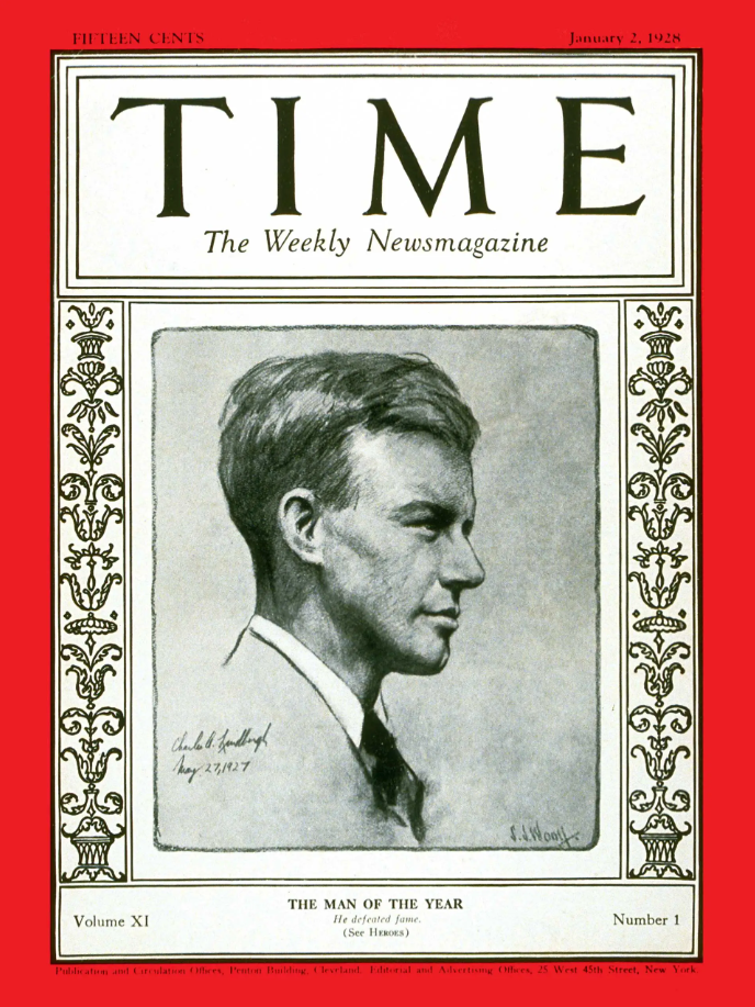 Charles lindbergh, famoso por ter feito o primeiro voo solitário transatlântico sem escalas em avião, foi o primeiro rosto a estampar a edição de final de ano da revista / fonte: time