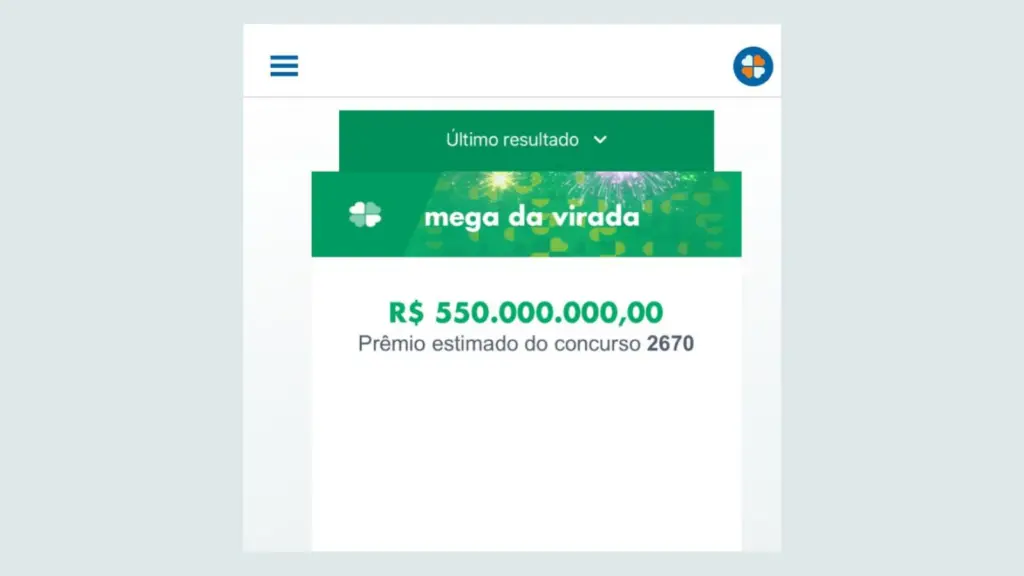 Como fazer bolão da mega-sena e mega da virada Captura de tela do aplicativo das loterias caixa com imagem da mega da virada ensinando como fazer bolão