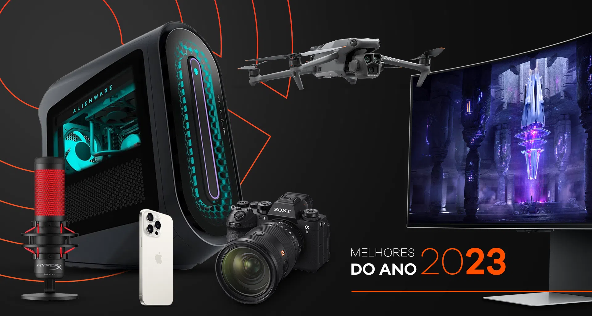 Álbum de equipamentos tecnológicos de 2023, incluindo drone, câmera, pc gamer, smartphone, monitor e microfone.
