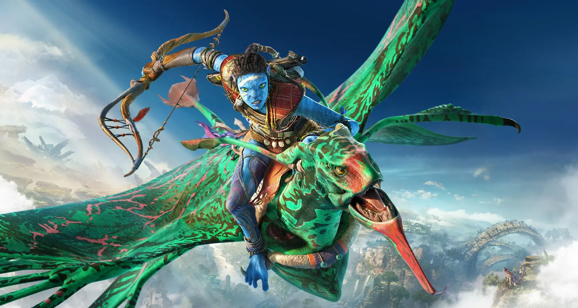 Virtuele realiteit in Avatar: de weg van het water met een Navi-personage dat door een buitenaardse wereld vliegt.