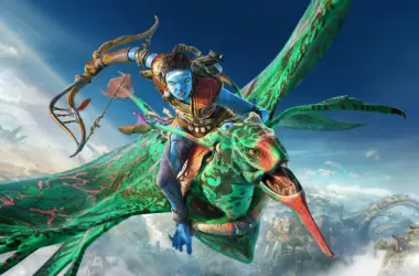 Realidade virtual em avatar: the way of water com personagem navi voando em mundo alienígena.