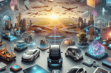 Carros autônomos e drones em cidade inteligente futurista, tecnologia e inovação na mobilidade urbana.