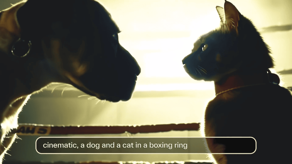 Cão e gato em ringue de boxe com iluminação dramática, cenário cinematográfico.