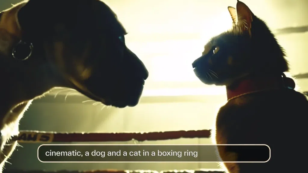 Hund und Katze in einem Boxring mit dramatischer Beleuchtung, eine filmreife Kulisse.