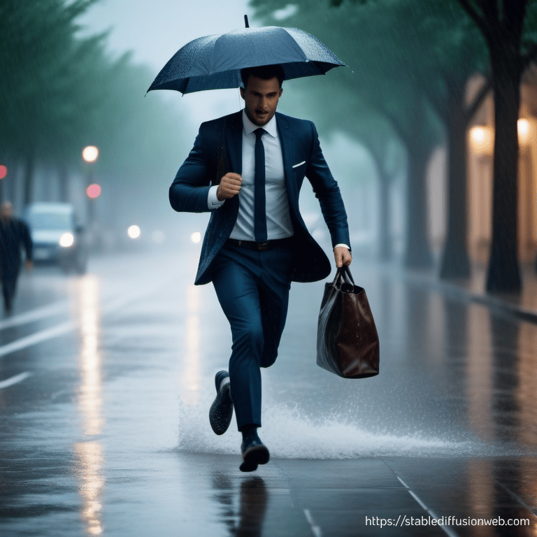Caminhada sob chuva com homem de terno carregando bolsa e usando guarda-chuva em rua urbana escura e úmida.