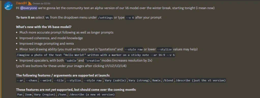 Midjourney v6 é lançado! Veja o que melhorou Mensagem do criador do midjourney sobre lançamento de novo modelo de linguagem