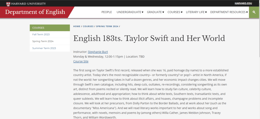 Você poderá fazer um curso sobre taylor swift em harvard Página de inscrição do curso sobre taylor swift em harvard