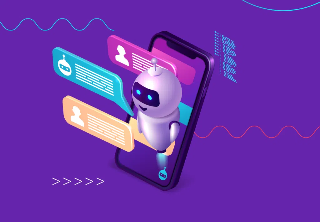 Assistente virtual com chatbot inteligente interagindo com smartphone, tecnologia de ia.