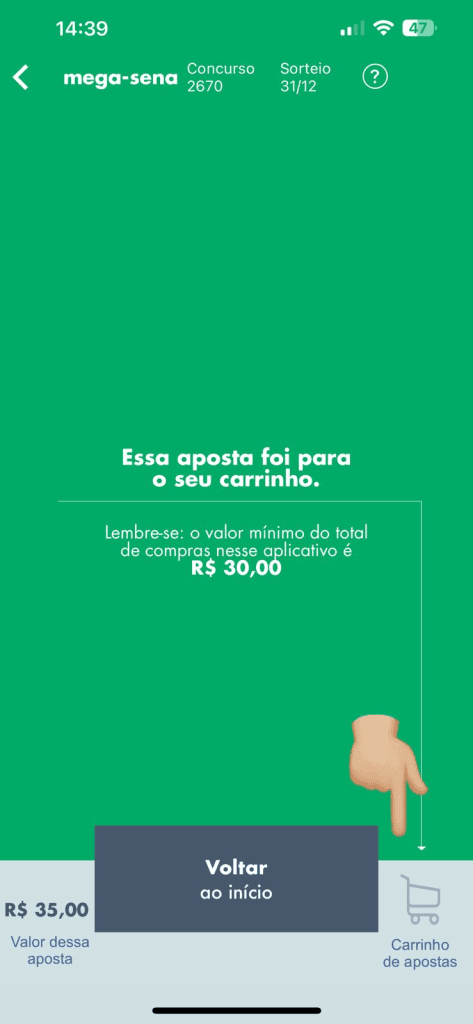 איך לשחק במגה-סנה באינטרנט אשר את סכום ההימור (מינימום R$30) והמשך לעגלת ההימורים. תמונה: lucas gomes, smt