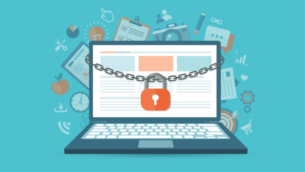 Proteção de dados e segurança digital em dispositivos eletrônicos, ilustração de um notebook com cadeado e cadeia.