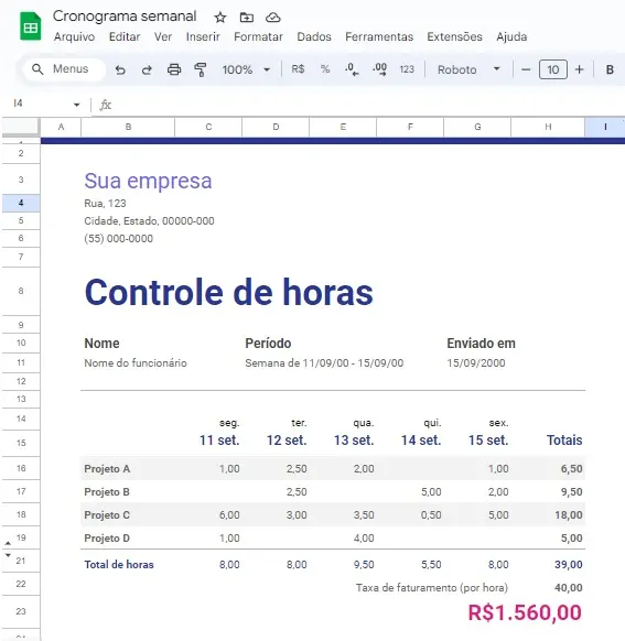 Melhores planilhas do google para organizar a vida e o trabalho A imagem é um print de tela de uma planilha semanal, disponível no google drive.