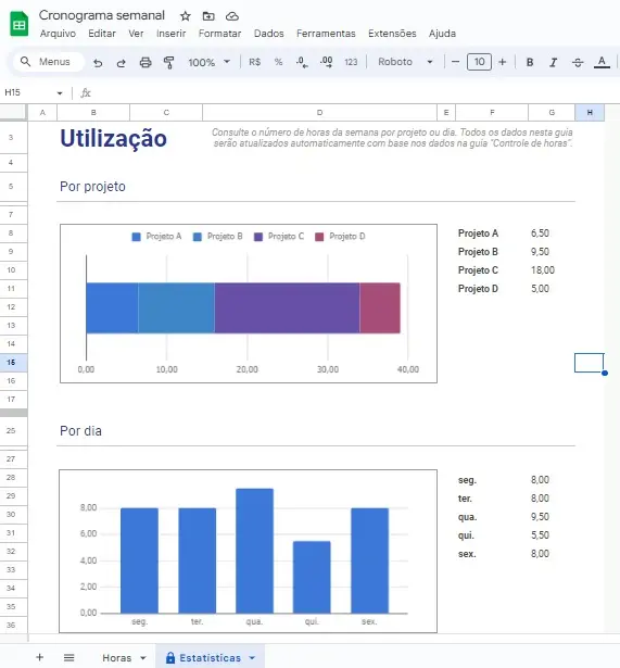 Melhores planilhas do google para organizar a vida e o trabalho A imagem é um print de tela de uma planilha semanal, disponível no google drive.