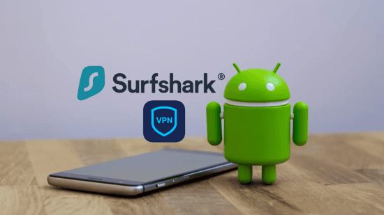 VPN Surfshark com ícone do Android, dispositivo móvel com logo, proteção online segura.
