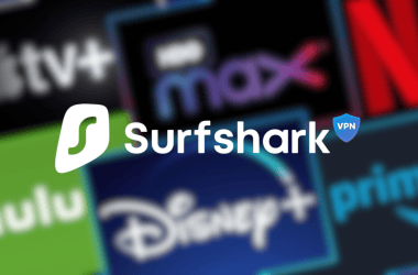 Apenas uma imagem de várias plataformas de streaming, incluindo netflix, disney+, hulu, amazon prime e max, com destaque ao surfshark vpn.