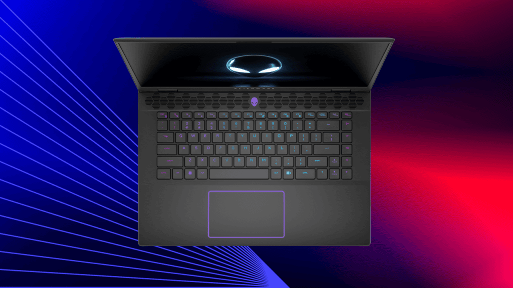 Notebook gamer com teclado retroiluminado e design futurista, ideal para jogos e produtividade.