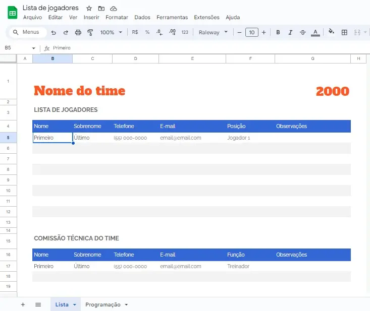 Melhores planilhas do google para organizar a vida e o trabalho A imagem é um print de tela da planilha de lista de jogadores. O template é em tons de azul e da cor laranjada.