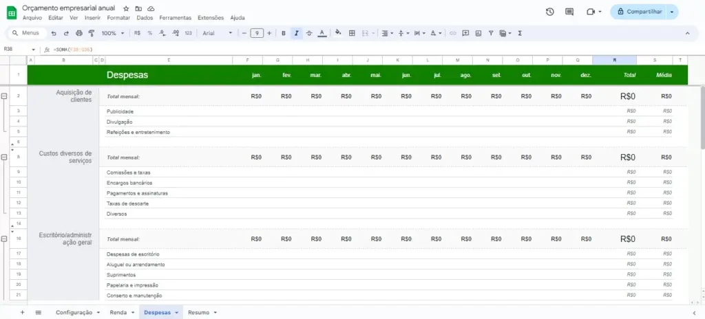 Melhores planilhas do google para organizar a vida e o trabalho A imagem é um print de tela da planilha de orçamento anual, disponível no google drive.