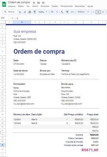 Melhores planilhas do google para organizar a vida e o trabalho A imagem é um print de tela de uma planilha de ordem de compra, disponível no google drive.