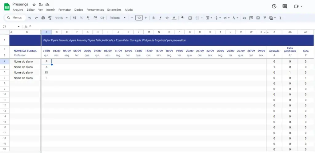 Melhores planilhas do google para organizar a vida e o trabalho A imagem é um print de tela da planilha de presença disponível no google drive. Ela é em tons de azul anil e azul claro com branco.