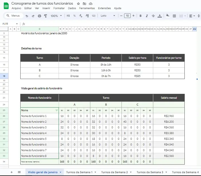 Melhores planilhas do google para organizar a vida e o trabalho A imagem é um print de tela da planilha de turno dos funcionários. O template é em tons de preto e cinza.