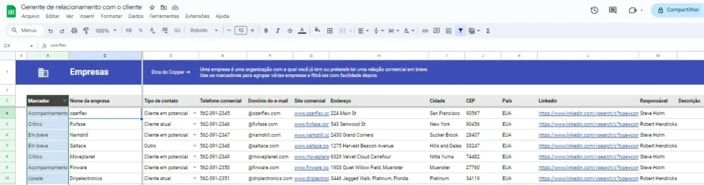 Melhores planilhas do google para organizar a vida e o trabalho A imagem é um print de tela da planilha de relacionamento com o cliente. O template é em tons de azul.
