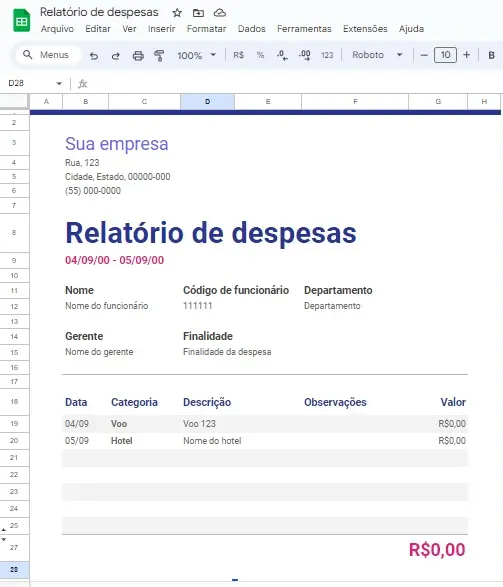 Melhores planilhas do google para organizar a vida e o trabalho A imagem é um print de tela do relatório de despesas, disponível no google drive.
