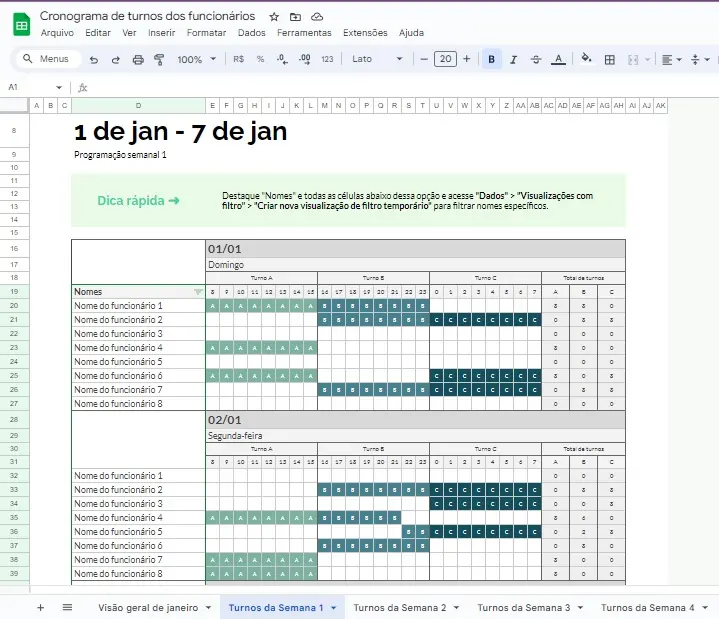 Melhores planilhas do google para organizar a vida e o trabalho A imagem é um print de tela da planilha de turno dos funcionários. O template é em tons de verde.