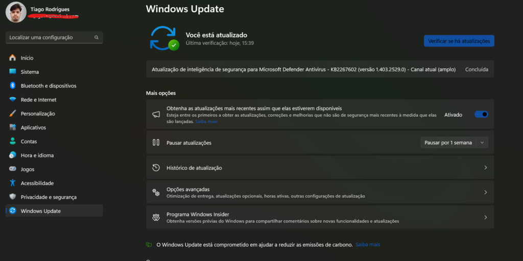 Captura de tela do windows update, o lugar mais comum para instalar drivers no pc