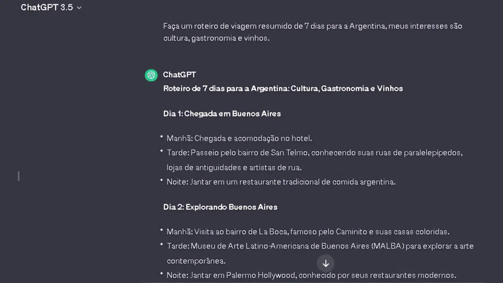Viagem à argentina? Então use esses apps É possível criar guias personalizados em detalhes refinando os resultados do chatgpt até encontrar seus destinos perfeitos