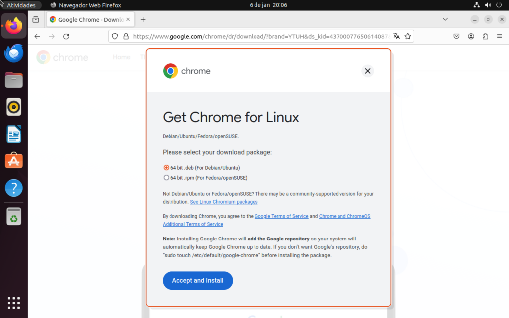 Download do instalador. Deb na página oficial de download do google chrome, aberta no firefox no ubuntu 22. 04. 3 lts