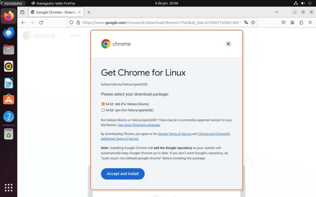 Como remover e instalar programas no linux Download do instalador. Deb na página oficial de download do google chrome, aberta no firefox no ubuntu 22. 04. 3 lts