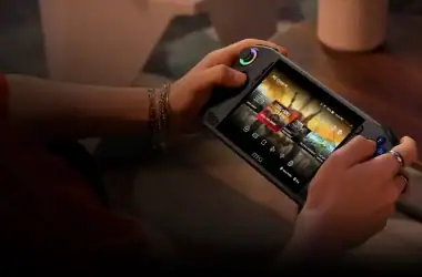 Controle de videogame portátil com tela sensível ao toque, ideal para jogos e entretenimento.