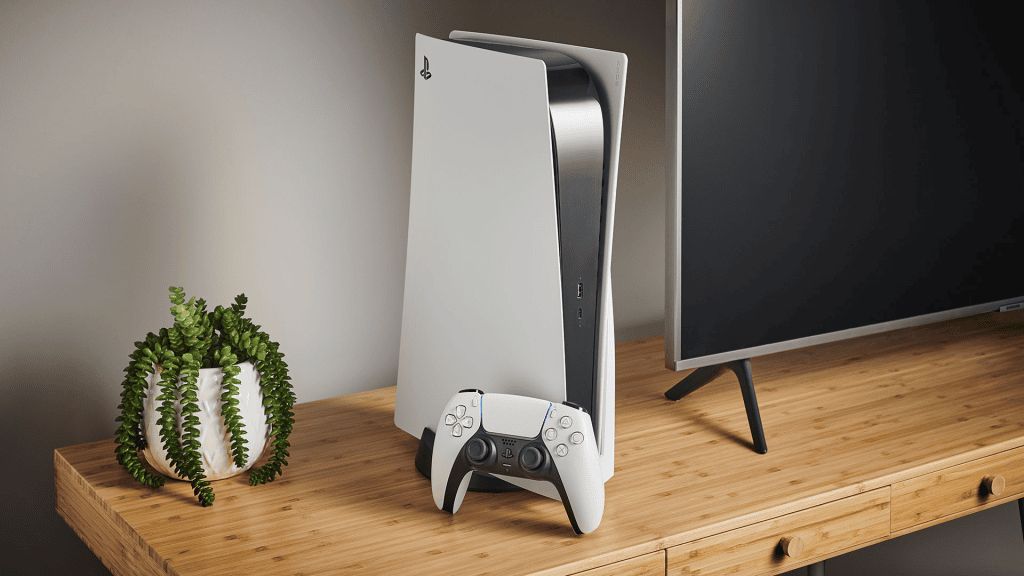 Controle de ps5 e console na mesa com planta decorativa ao lado, tecnologia avançada e entretenimento em destaque.