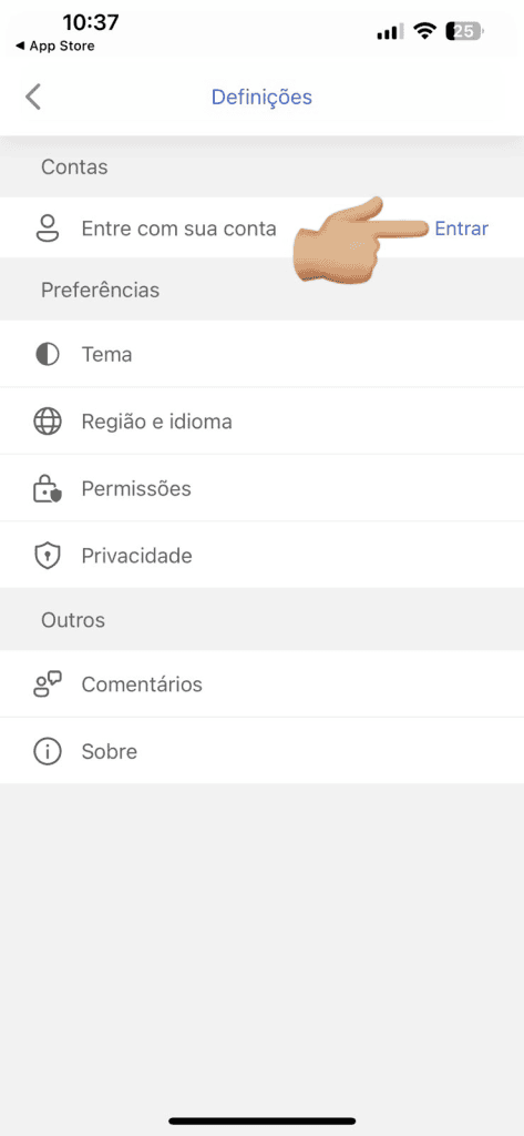 Configurações de conta no aplicativo de dispositivos móveis, opção de entrar com sua conta, destaque para acessos rápidos.